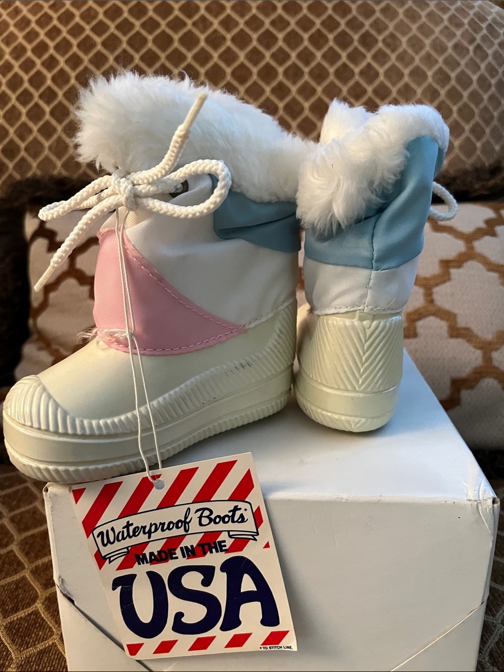 Kids Waterproof Winter Boots - White with Pink & Blue Faux Fur Trim